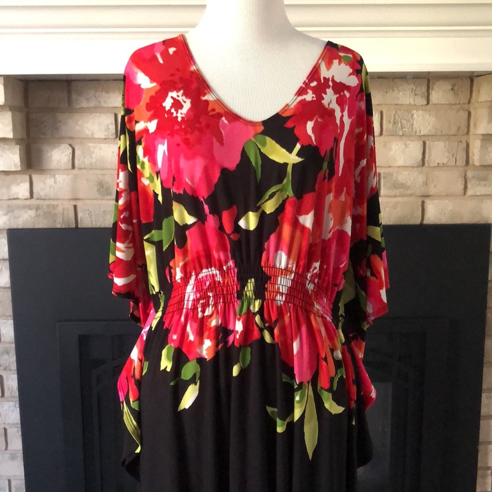 Robbie Bee Black Red Pink Batwing Elastic Waist V-Neck Dress size 1X - Picture 3 of 11